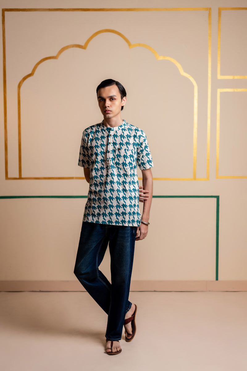 Men's Printed Short Cotton Kurta - Half Sleeve | Teal Grid