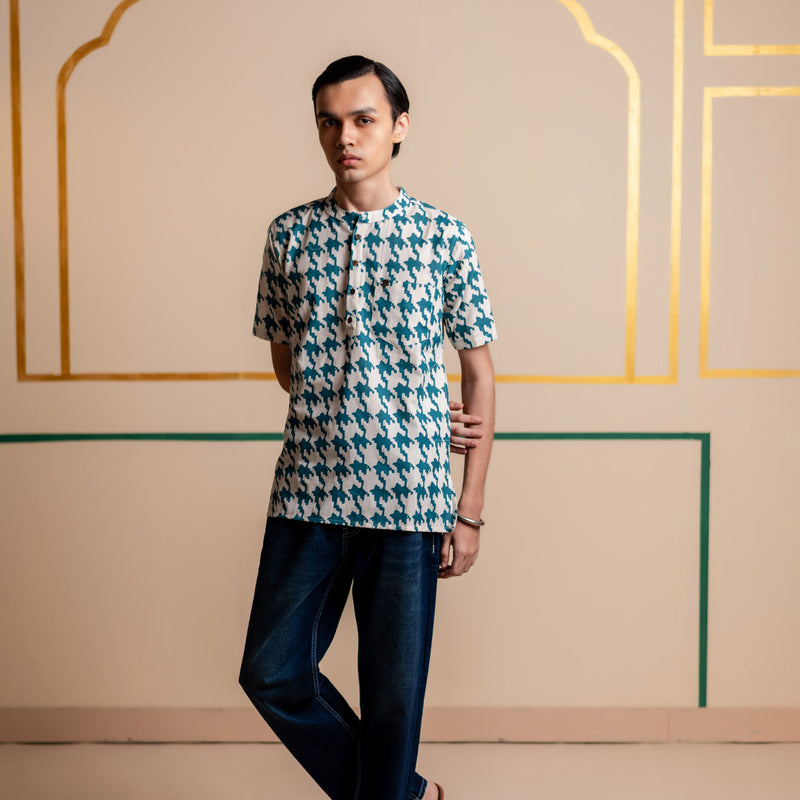 Men's Printed Short Cotton Kurta - Half Sleeve | Teal Grid