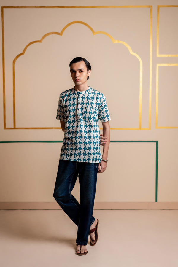 Men's Printed Short Cotton Kurta - Half Sleeve | Teal Grid