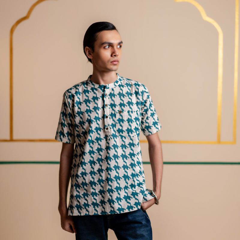 Men's Printed Short Cotton Kurta - Half Sleeve | Teal Grid