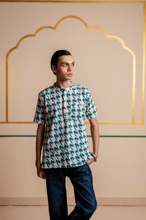 Men's Printed Short Cotton Kurta - Half Sleeve | Teal Grid