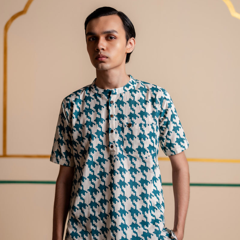 Men's Printed Short Cotton Kurta - Half Sleeve | Teal Grid