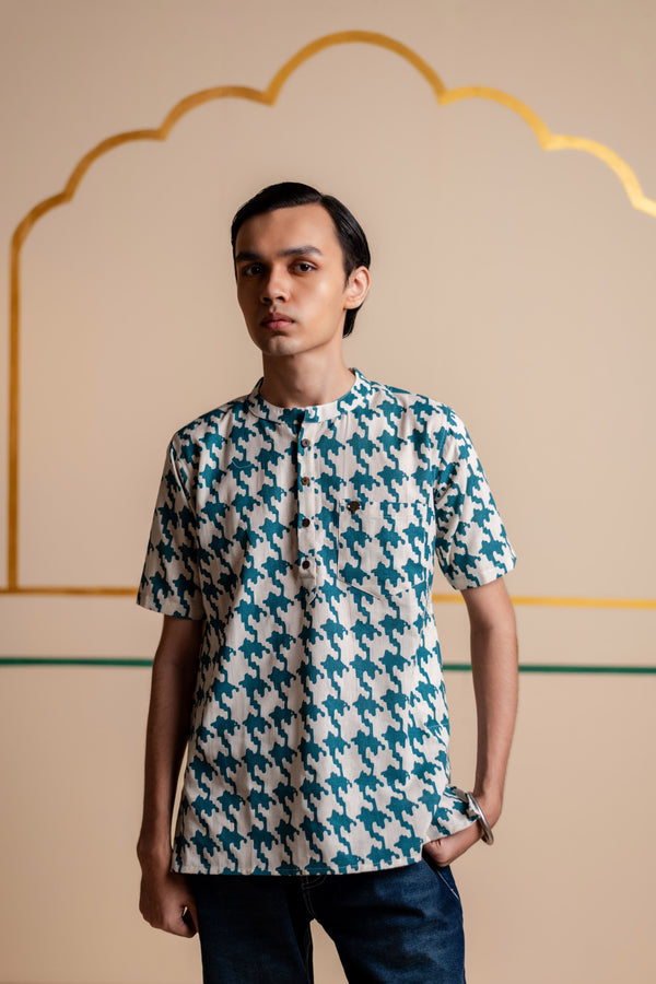 Men's Printed Short Cotton Kurta - Half Sleeve | Teal Grid
