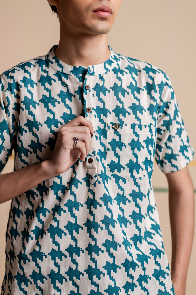 Men's Printed Short Cotton Kurta - Half Sleeve | Teal Grid
