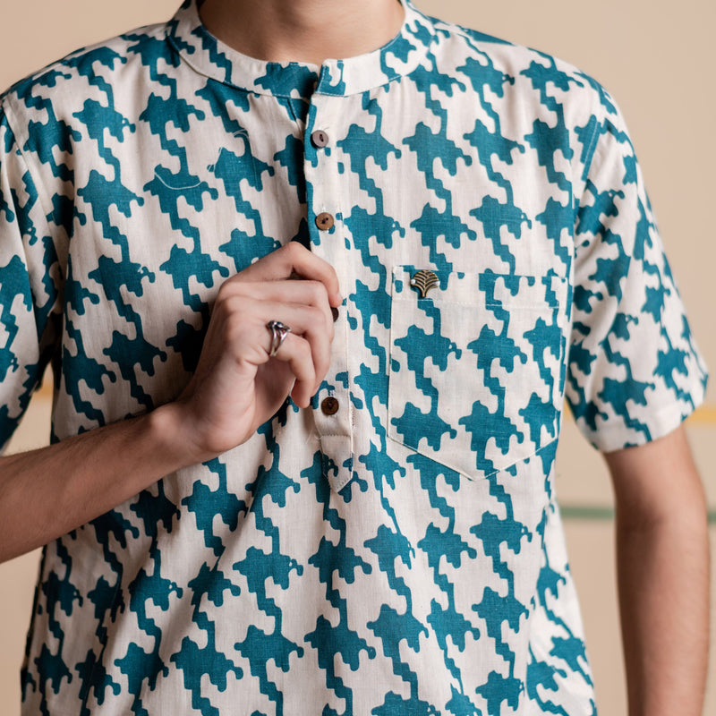 Men's Printed Short Cotton Kurta - Half Sleeve | Teal Grid