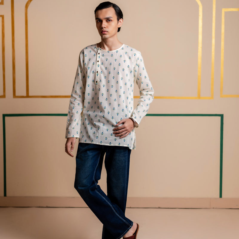 Men's Printed Side Placket Cotton Kurta - Full Sleeve | Azure Flora