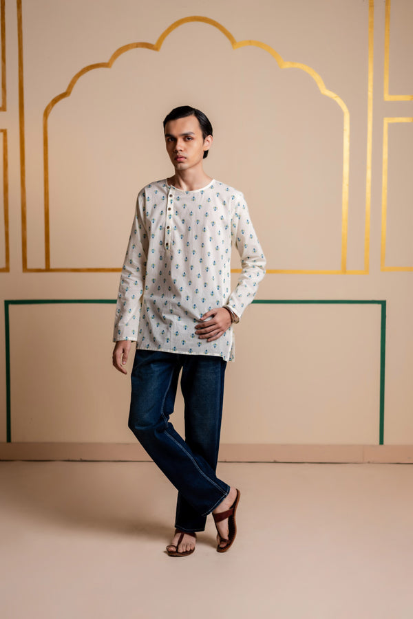 Men's Printed Side Placket Cotton Kurta - Full Sleeve | Azure Flora