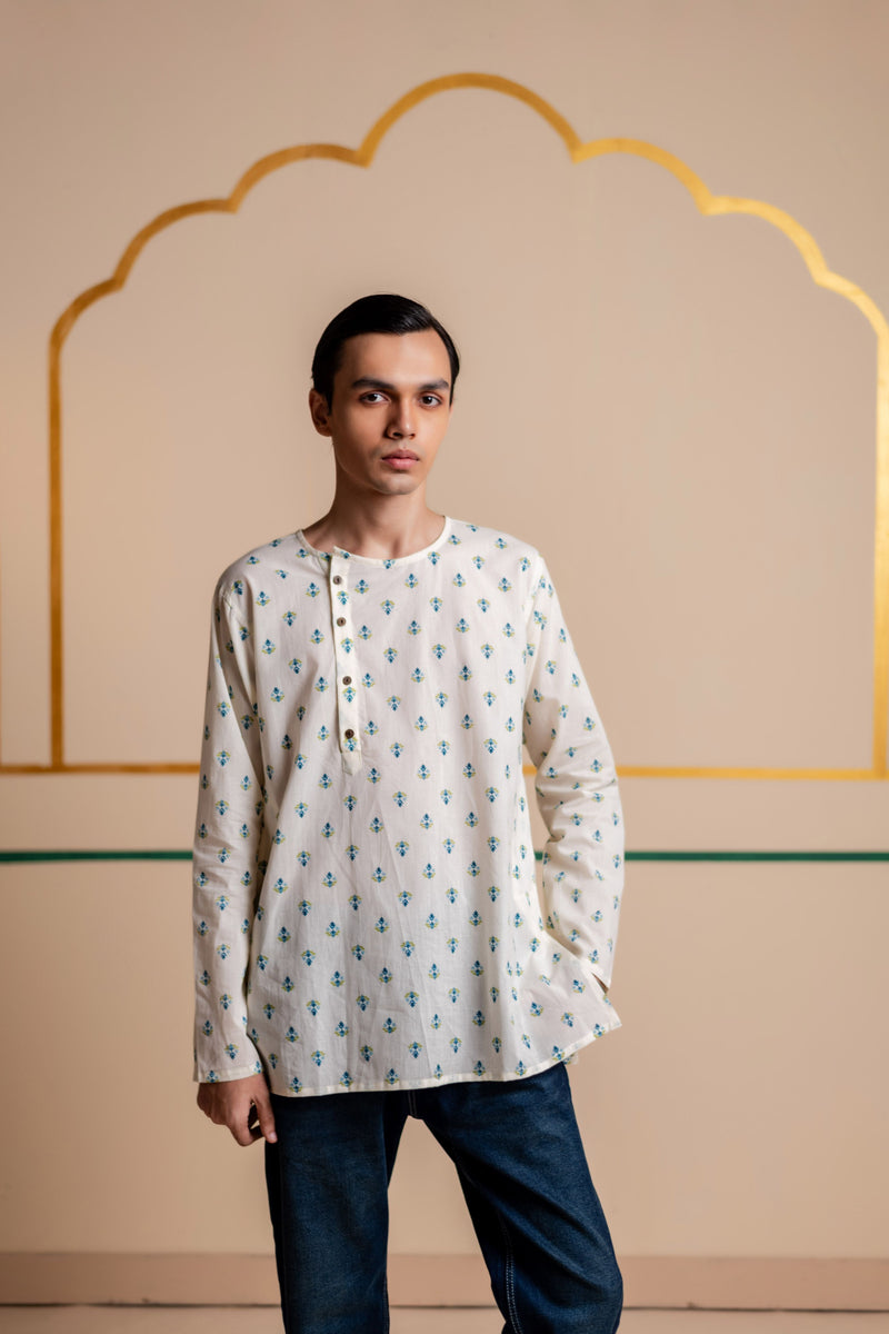 Men's Printed Side Placket Cotton Kurta - Full Sleeve | Azure Flora