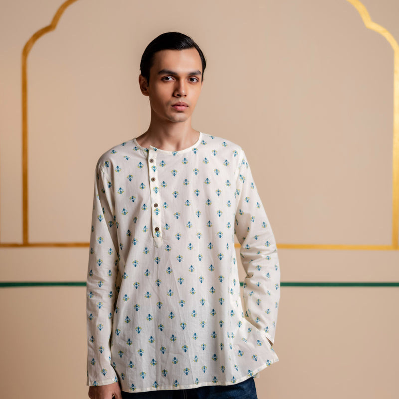 Men's Printed Side Placket Cotton Kurta - Full Sleeve | Azure Flora