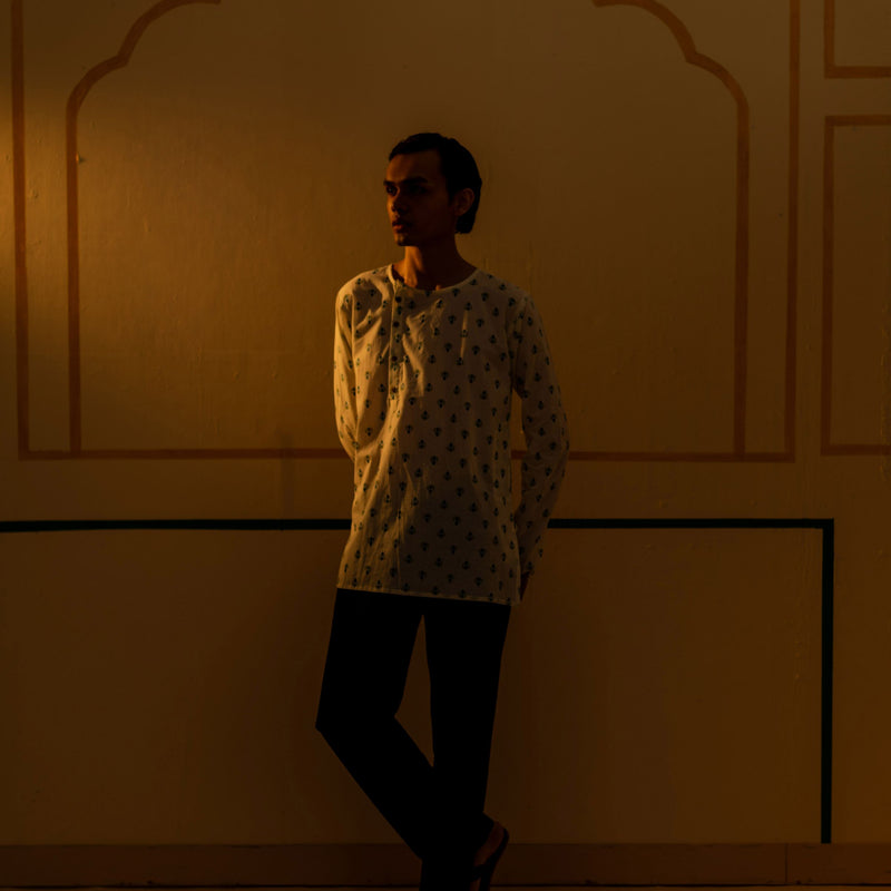 Men's Printed Side Placket Cotton Kurta - Full Sleeve | Azure Flora