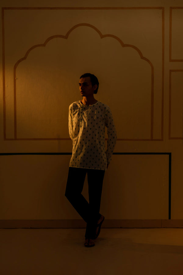 Men's Printed Side Placket Cotton Kurta - Full Sleeve | Azure Flora