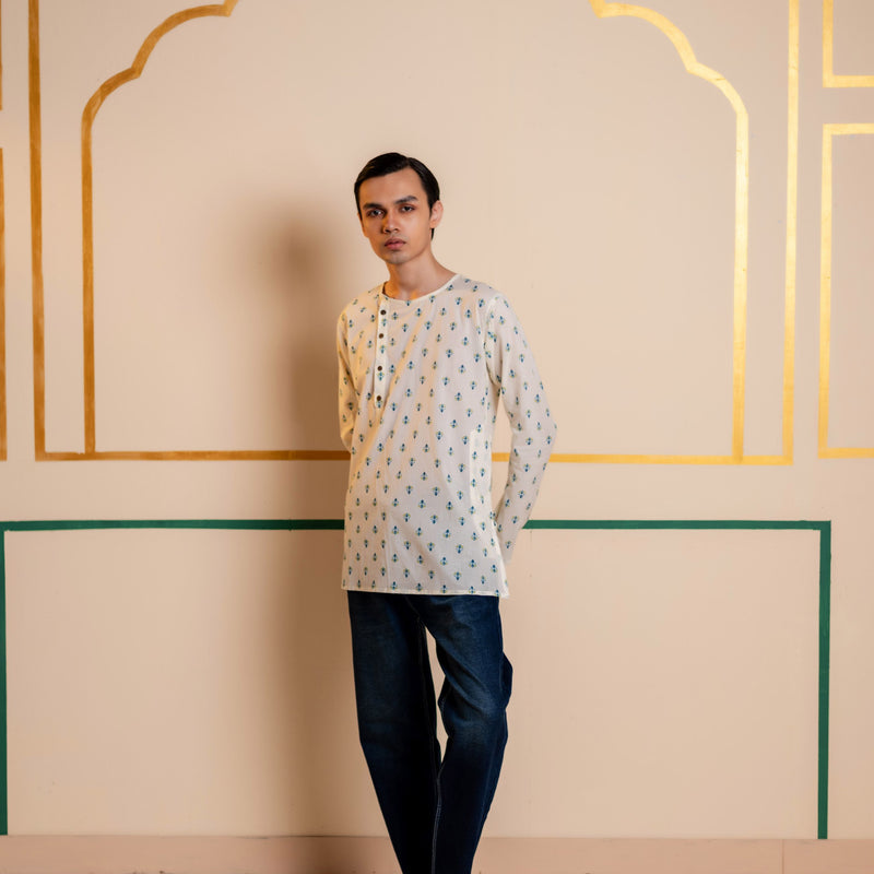 Men's Printed Side Placket Cotton Kurta - Full Sleeve | Azure Flora