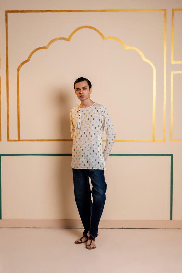 Men's Printed Side Placket Cotton Kurta - Full Sleeve | Azure Flora