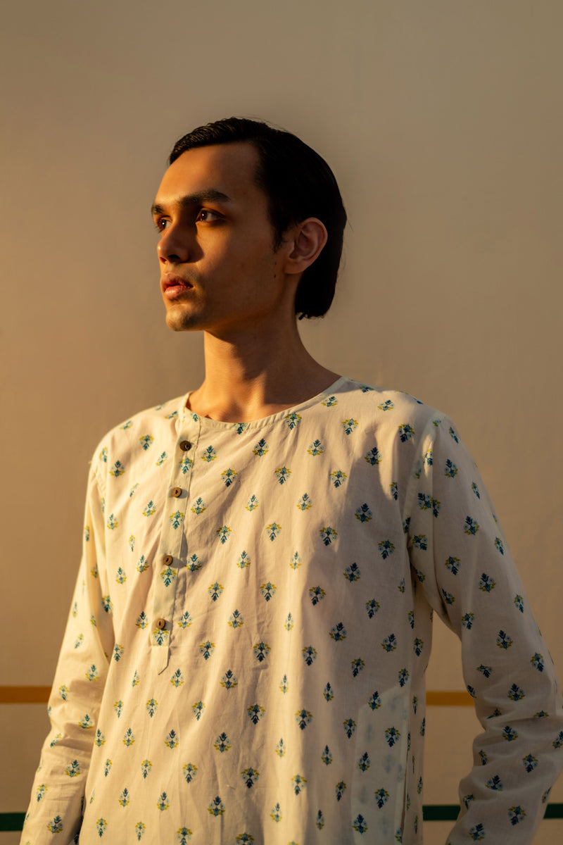 Men's Printed Side Placket Cotton Kurta - Full Sleeve | Azure Flora