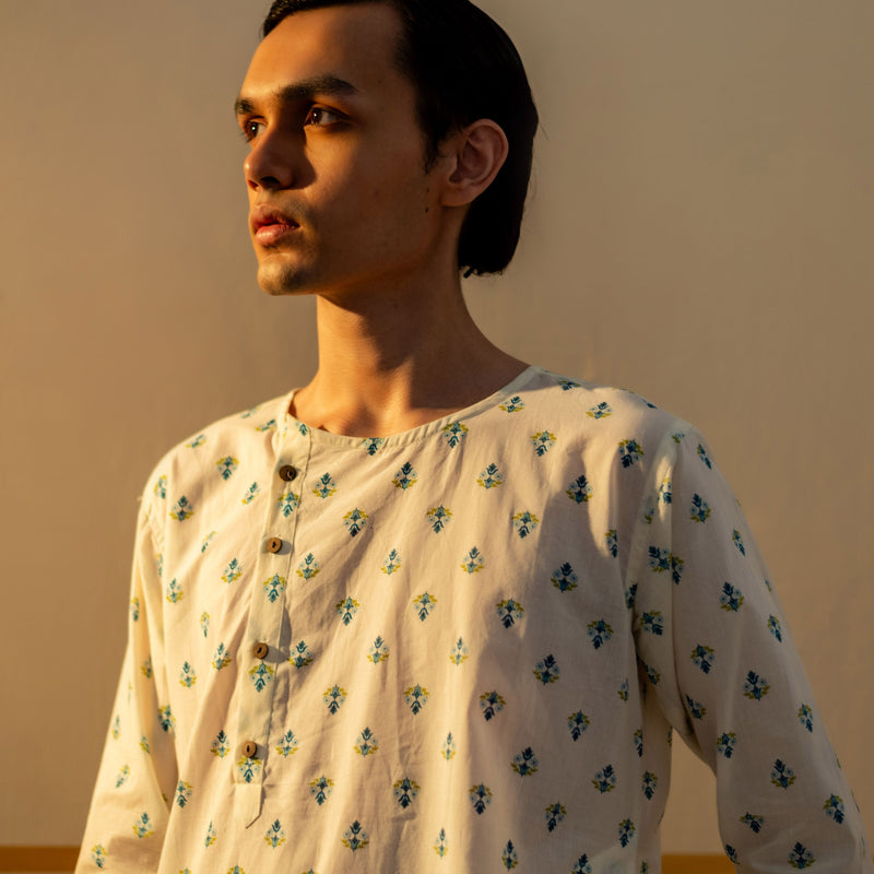 Men's Printed Side Placket Cotton Kurta - Full Sleeve | Azure Flora