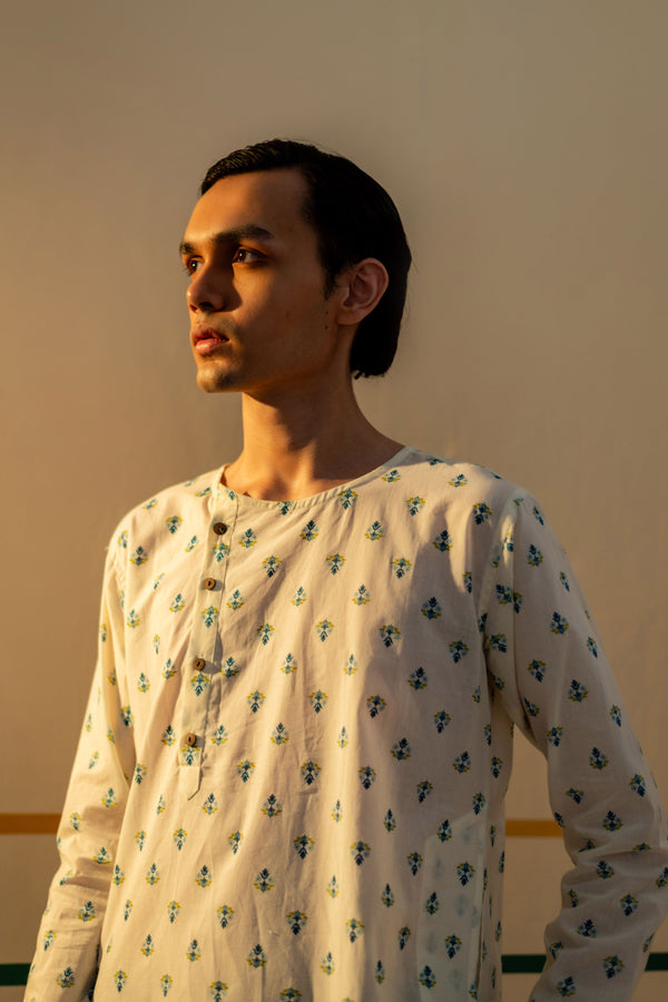 Men's Printed Side Placket Cotton Kurta - Full Sleeve | Azure Flora