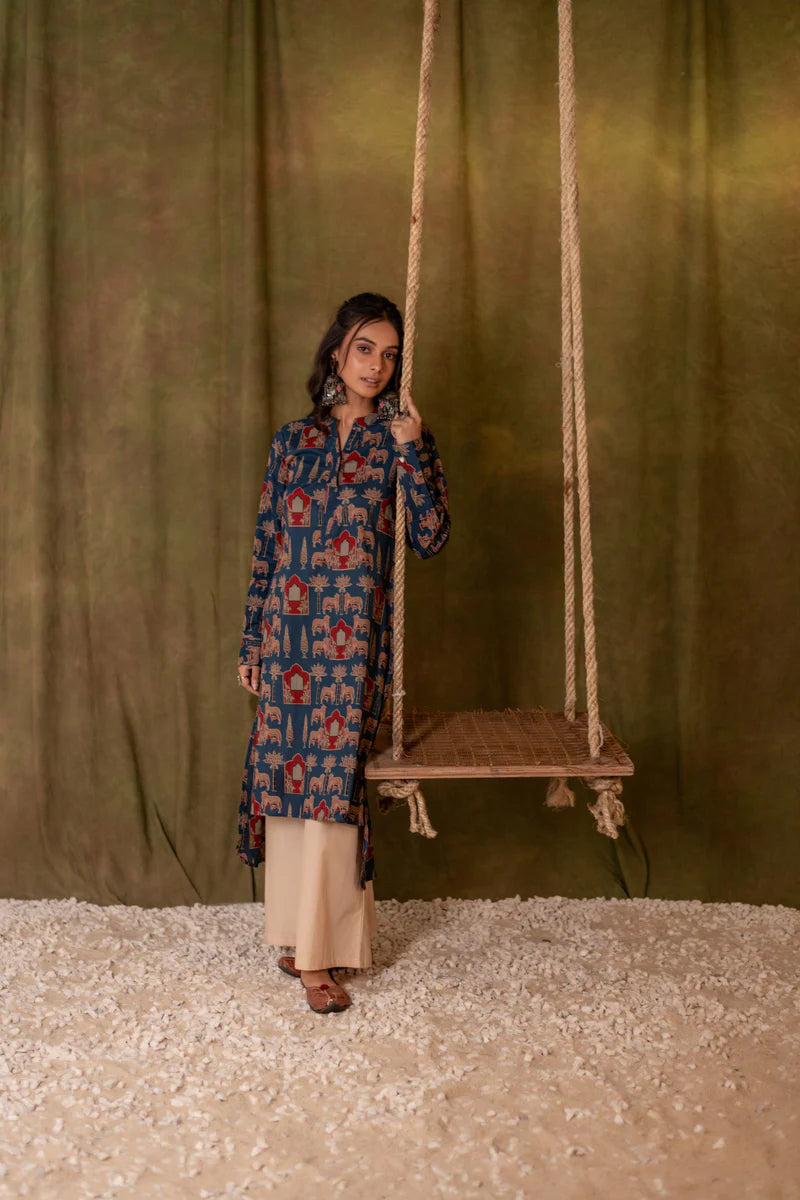Printed High Low Cotton Kurta for Women | Blue Meadow