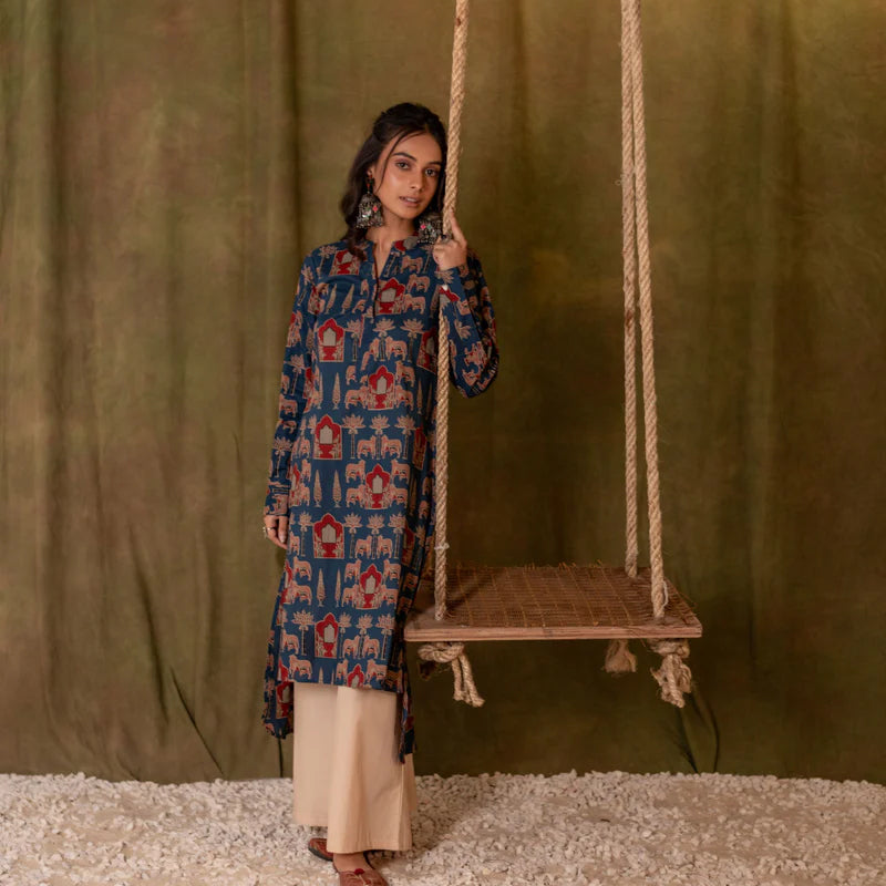 Printed High Low Cotton Kurta for Women | Blue Meadow