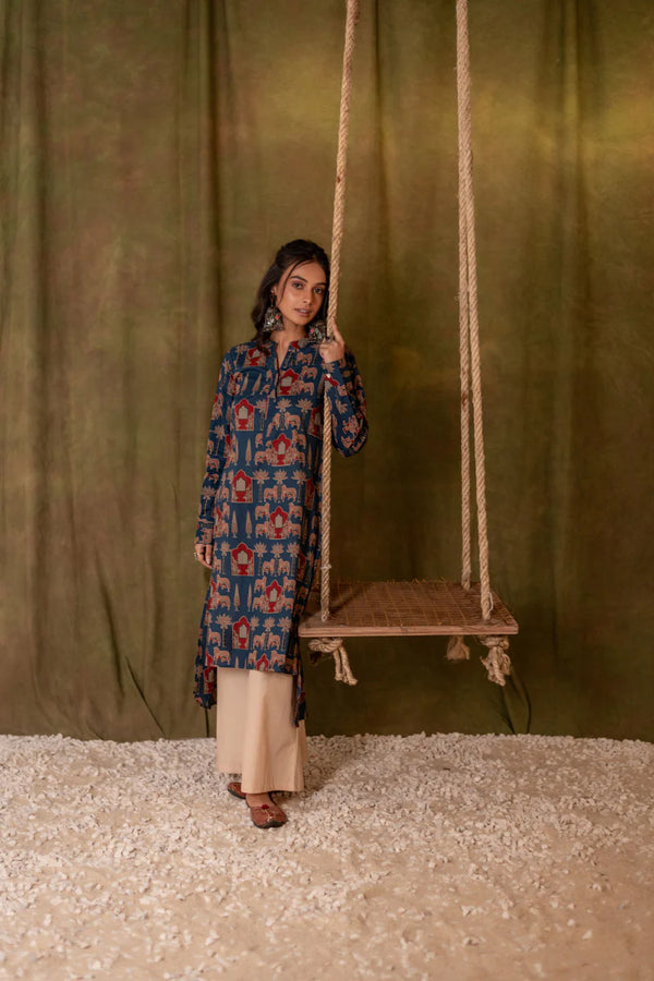 Printed High Low Cotton Kurta for Women | Blue Meadow