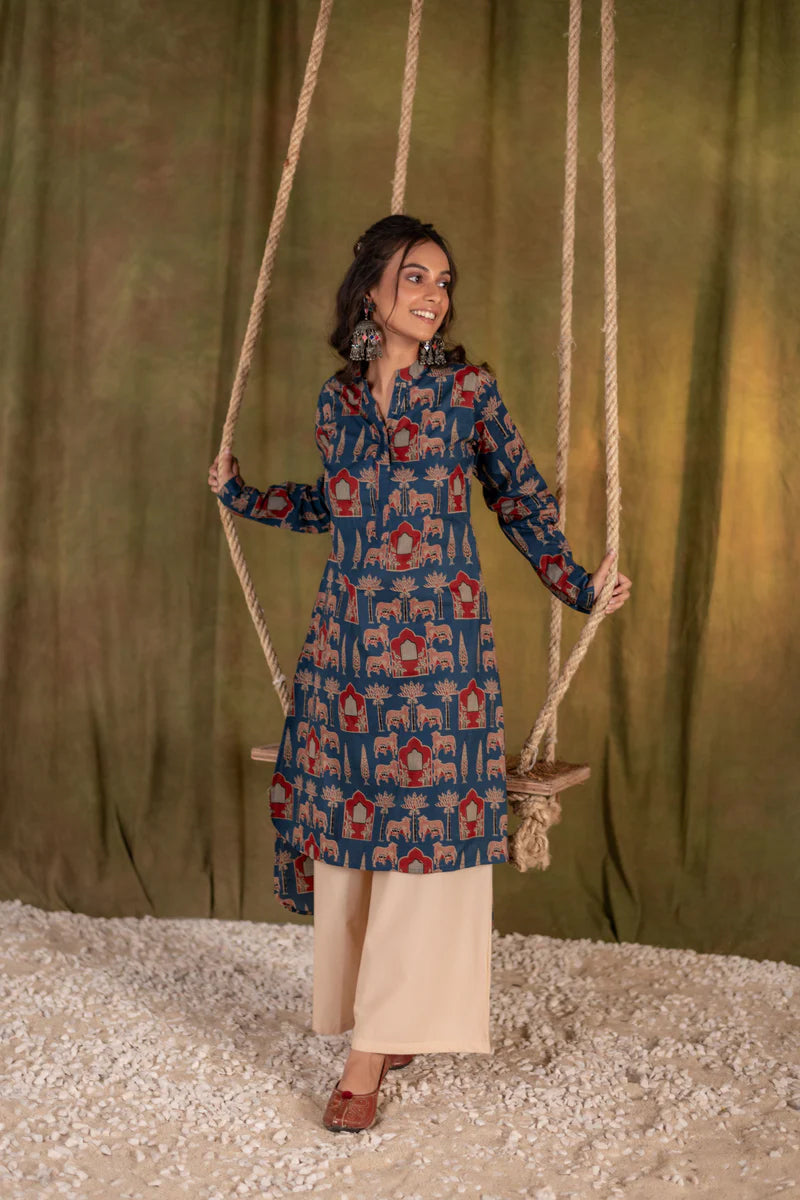 Printed High Low Cotton Kurta for Women | Blue Meadow