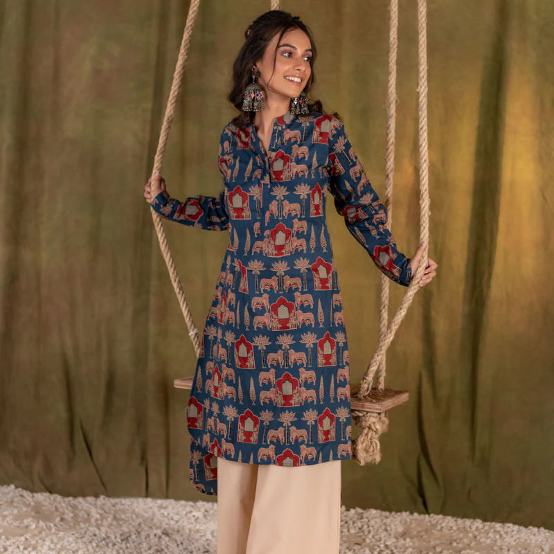 Printed High Low Cotton Kurta for Women | Blue Meadow