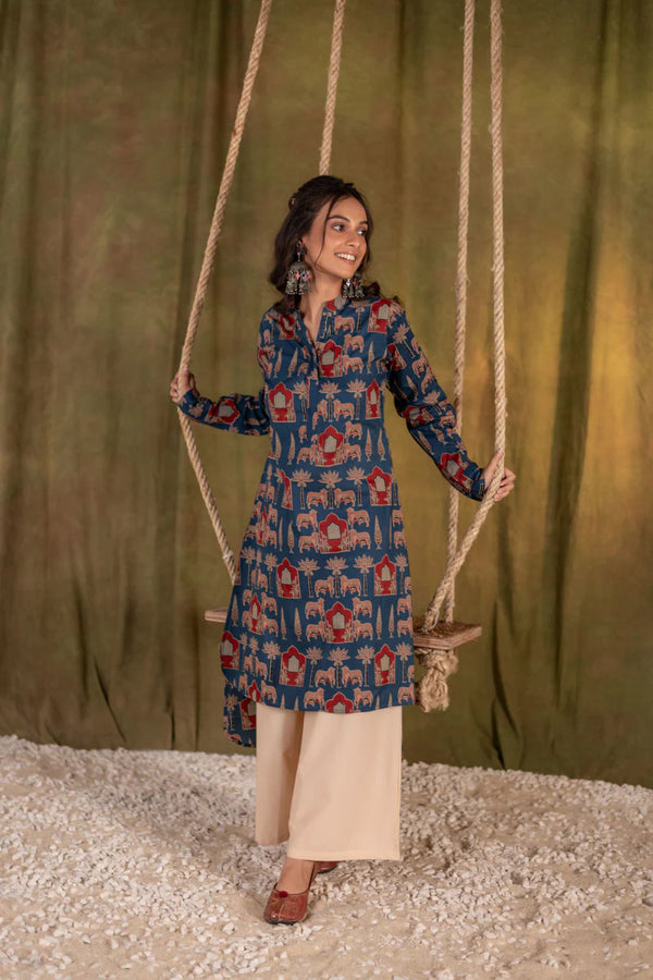 Printed High Low Cotton Kurta for Women | Blue Meadow