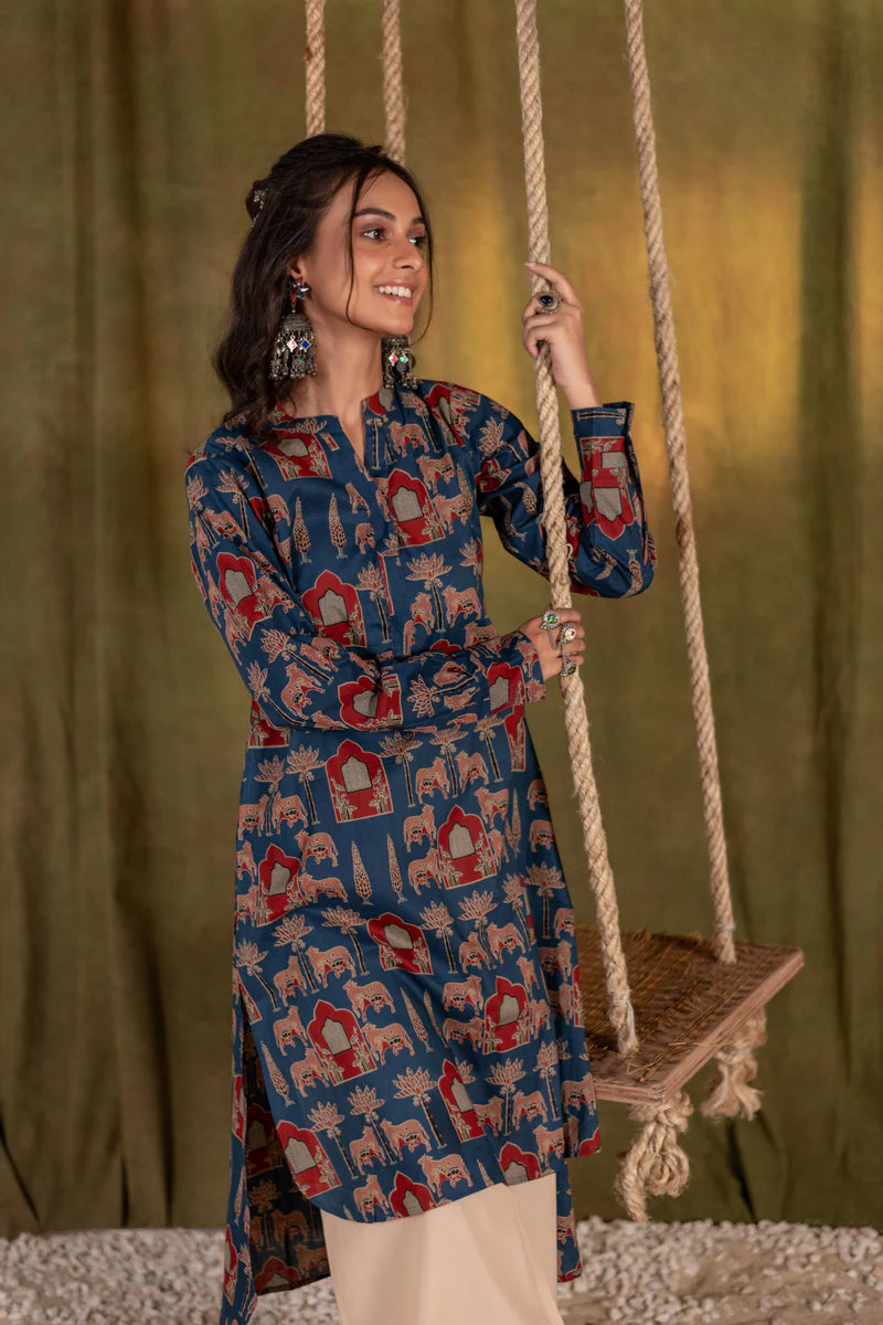 Printed High Low Cotton Kurta for Women | Blue Meadow