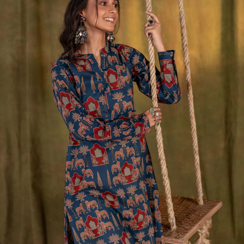 Printed High Low Cotton Kurta for Women | Blue Meadow
