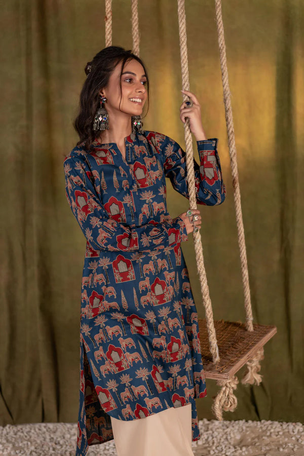Printed High Low Cotton Kurta for Women | Blue Meadow