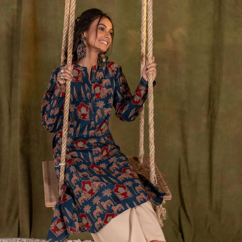 Printed High Low Cotton Kurta for Women | Blue Meadow