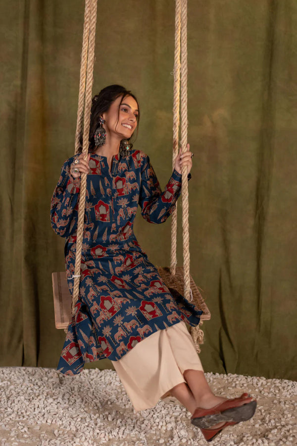 Printed High Low Cotton Kurta for Women | Blue Meadow