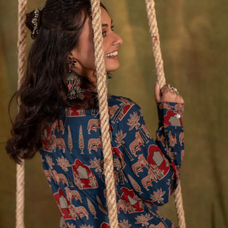 Printed High Low Cotton Kurta for Women | Blue Meadow