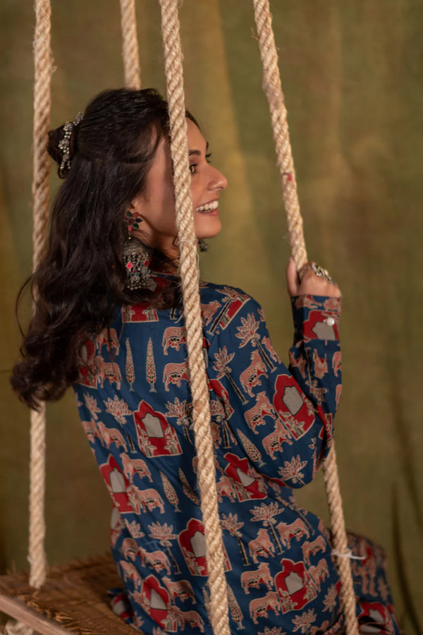 Printed High Low Cotton Kurta for Women | Blue Meadow