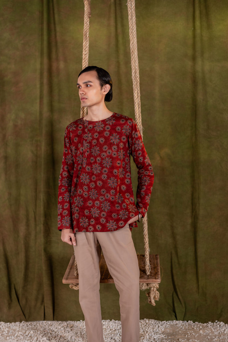 Men's Printed Side Placket Cotton Kurta - Full Sleeve | Terracotta Bloom