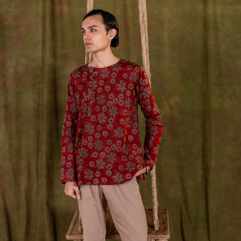 Men's Printed Side Placket Cotton Kurta - Full Sleeve | Terracotta Bloom