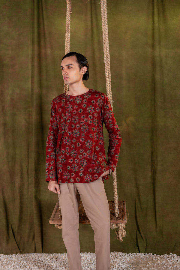 Men's Printed Side Placket Cotton Kurta - Full Sleeve | Terracotta Bloom