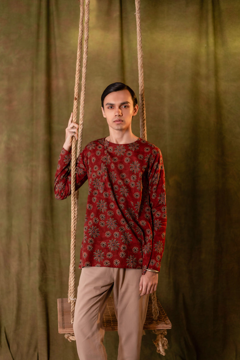Men's Printed Side Placket Cotton Kurta - Full Sleeve | Terracotta Bloom