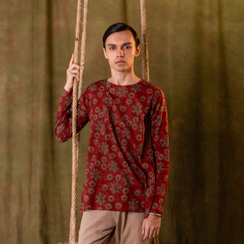 Men's Printed Side Placket Cotton Kurta - Full Sleeve | Terracotta Bloom