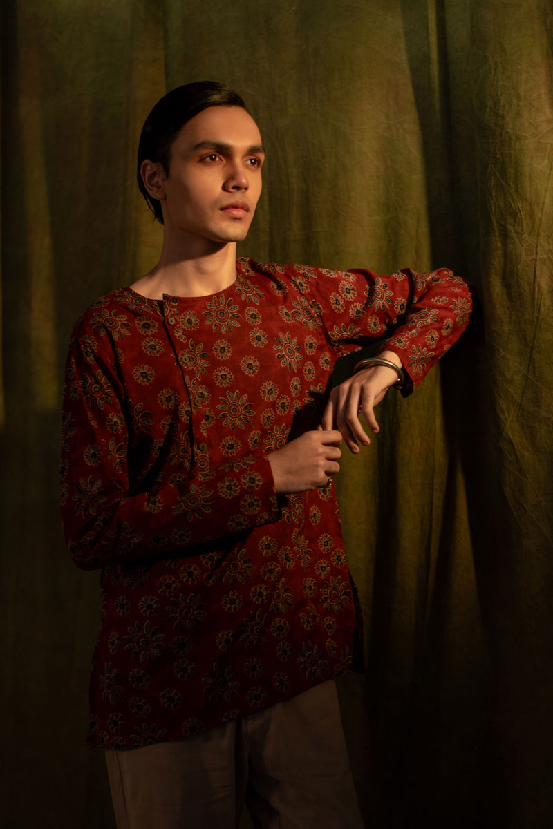 Men's Printed Side Placket Cotton Kurta - Full Sleeve | Terracotta Bloom