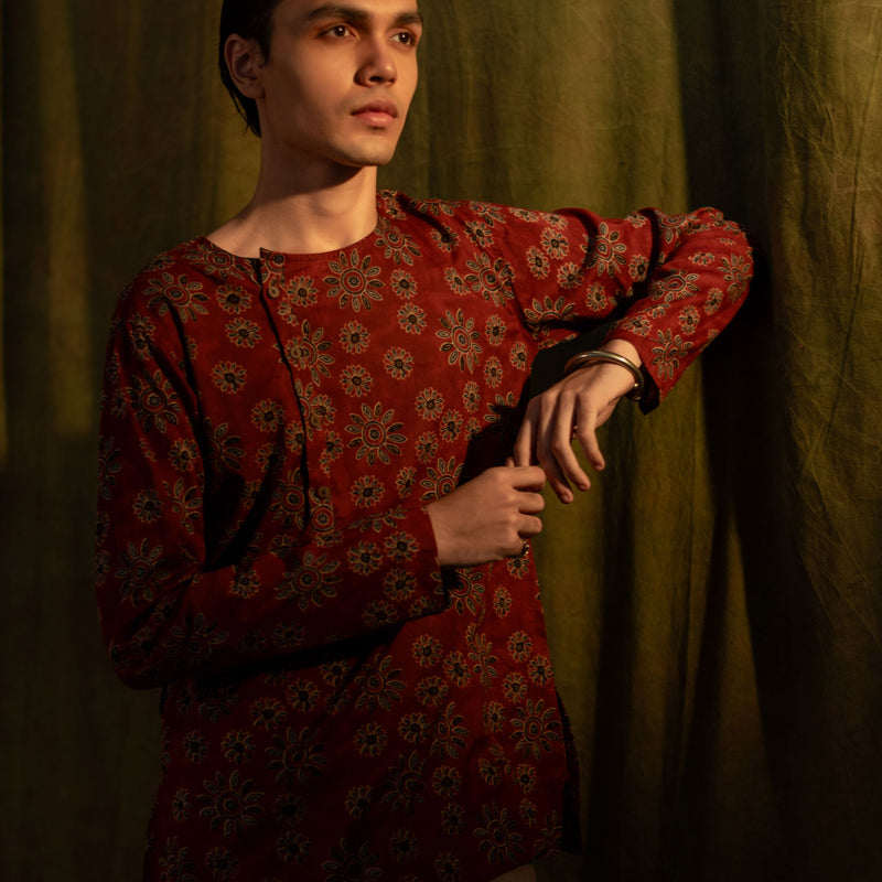 Men's Printed Side Placket Cotton Kurta - Full Sleeve | Terracotta Bloom