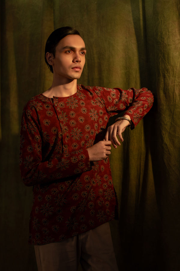 Men's Printed Side Placket Cotton Kurta - Full Sleeve | Terracotta Bloom