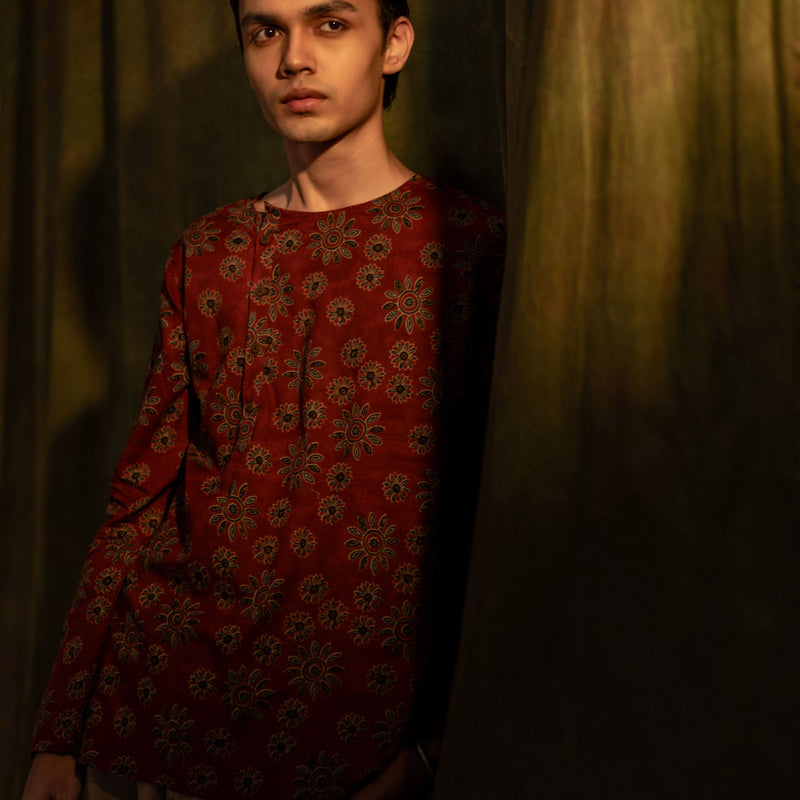 Men's Printed Side Placket Cotton Kurta - Full Sleeve | Terracotta Bloom