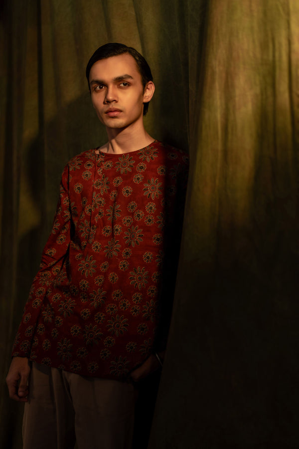 Men's Printed Side Placket Cotton Kurta - Full Sleeve | Terracotta Bloom
