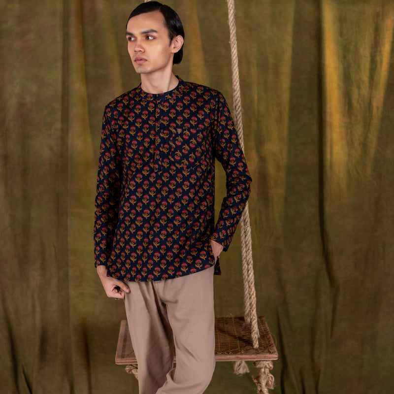 Men's Printed Short Cotton Kurta - Full Sleeve | Rosegold Bloom