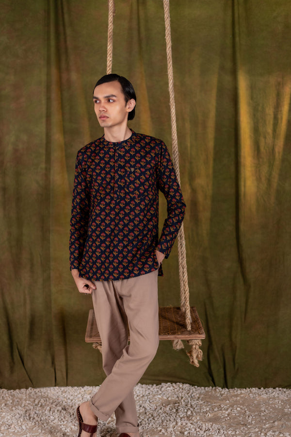 Men's Printed Short Cotton Kurta - Full Sleeve | Rosegold Bloom