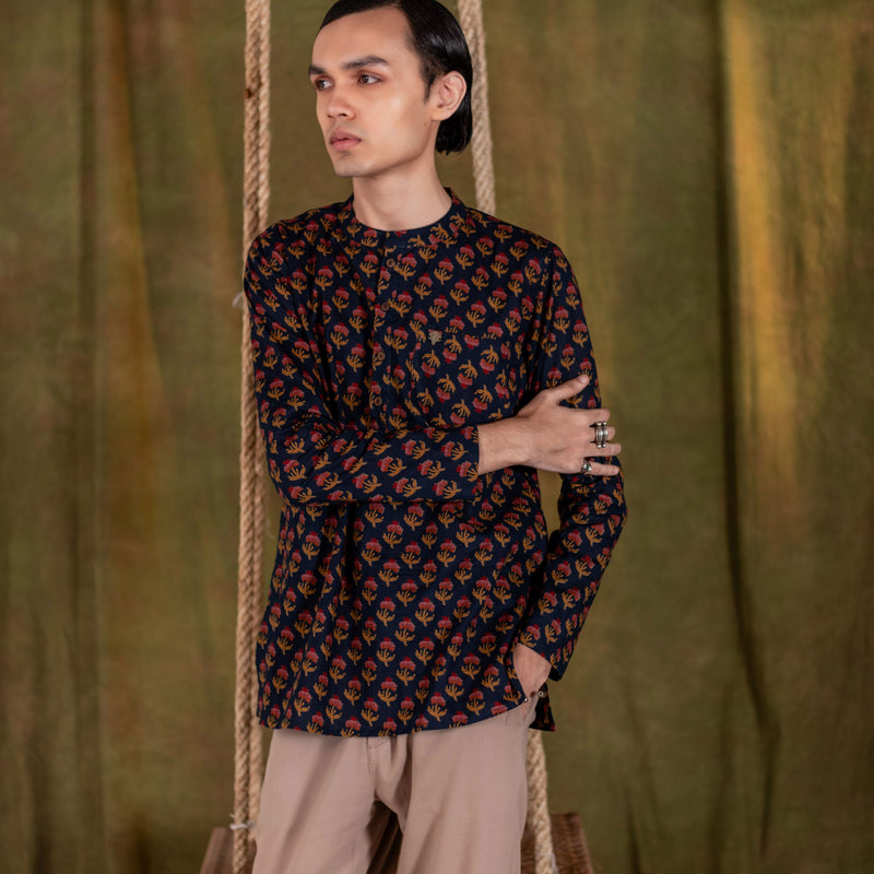 Men's Printed Short Cotton Kurta - Full Sleeve | Rosegold Bloom