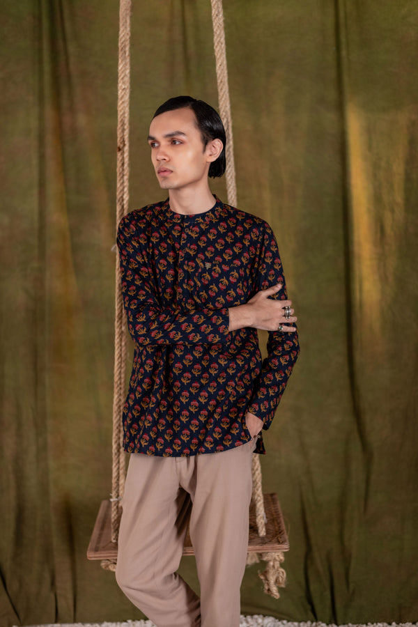 Men's Printed Short Cotton Kurta - Full Sleeve | Rosegold Bloom