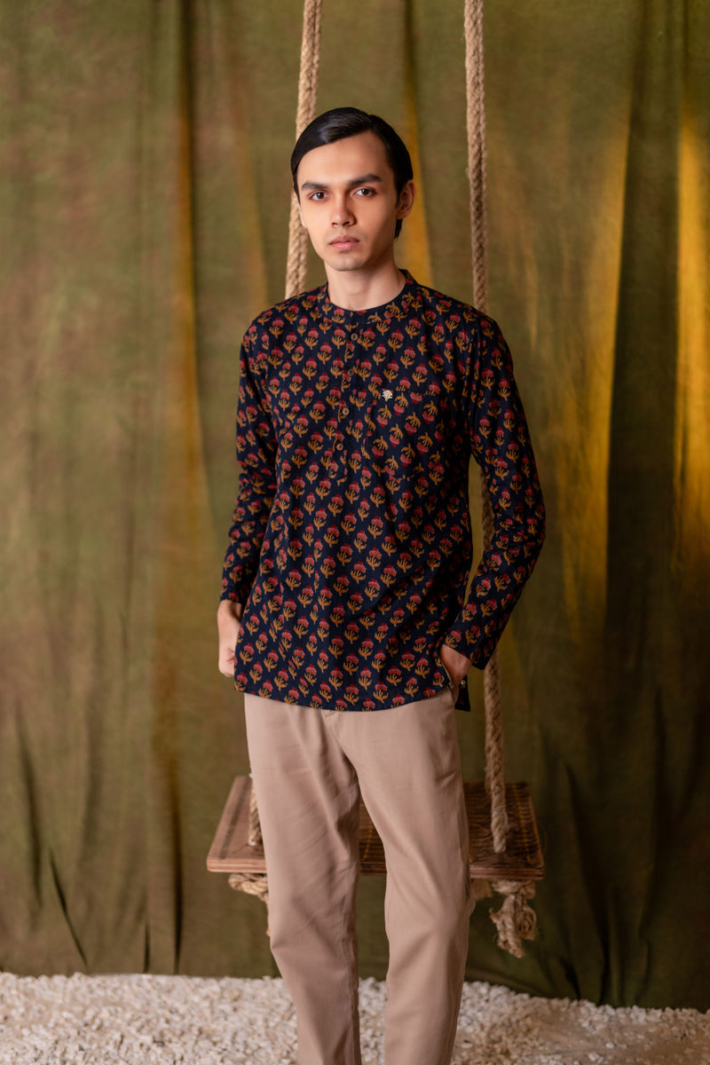 Men's Printed Short Cotton Kurta - Full Sleeve | Rosegold Bloom