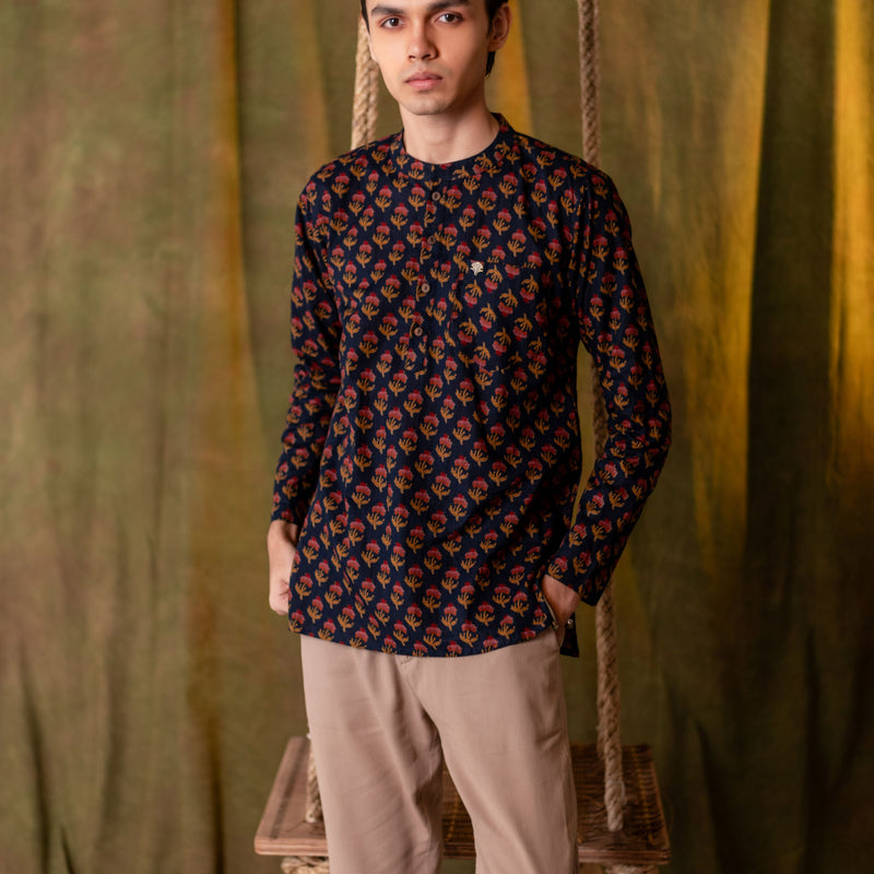 Men's Printed Short Cotton Kurta - Full Sleeve | Rosegold Bloom