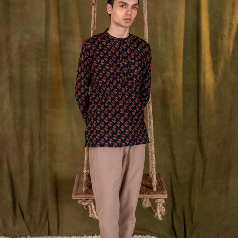Men's Printed Short Cotton Kurta - Full Sleeve | Rosegold Bloom